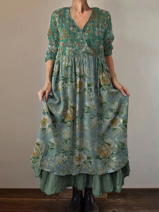 Retro Boho kwiatowy nadruk Vintage dekolt w szpic z podwójnym półrzędem bawełniana sukienka midi z długim rękawem