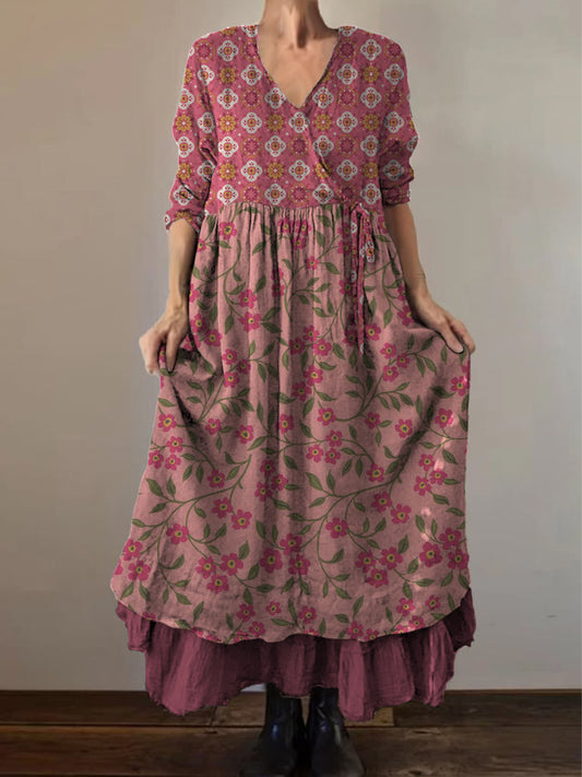 Retro Boho kwiatowy nadruk Vintage dekolt w szpic z podwójnym półrzędem bawełniana sukienka midi z długim rękawem
