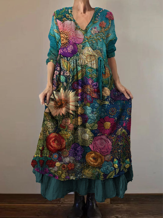 Retro Boho kwiatowy nadruk Vintage dekolt w szpic z podwójnym półrzędem bawełniana sukienka midi z długim rękawem