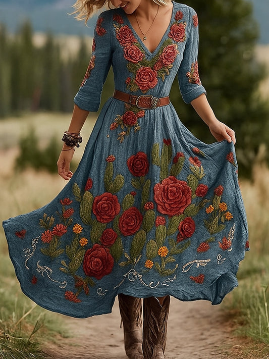 Retro kwiatowy nadruk w stylu vintage z dekoltem w szpic bawełniana sukienka maxi z długimi rękawami