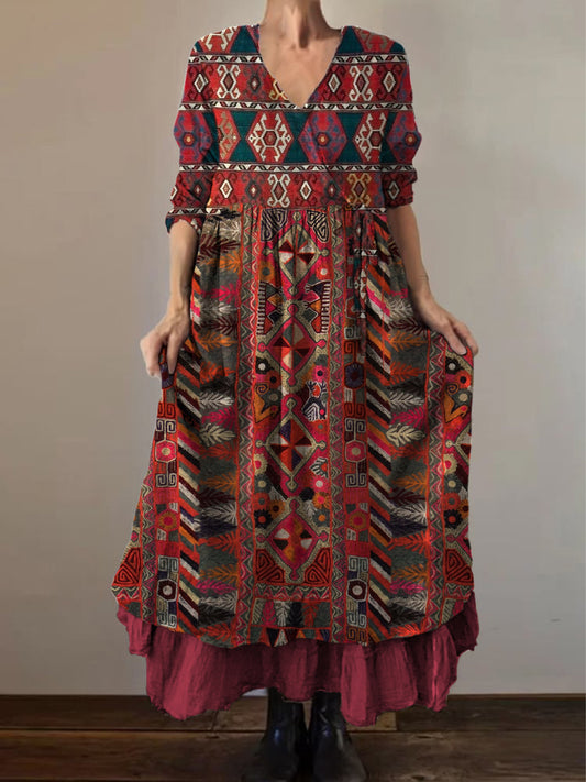 Retro Boho kwiatowy nadruk Vintage dekolt w szpic z podwójnym półrzędem bawełniana sukienka midi z długim rękawem