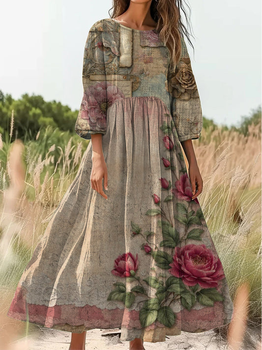 Retro Boho kwiatowy nadruk w stylu vintage szyk z dekoltem w szpic z długim rękawem sukienka midi