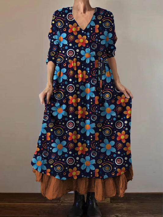 Retro Boho kwiatowy nadruk Vintage dekolt w szpic z podwójnym półrzędem bawełniana sukienka midi z długim rękawem