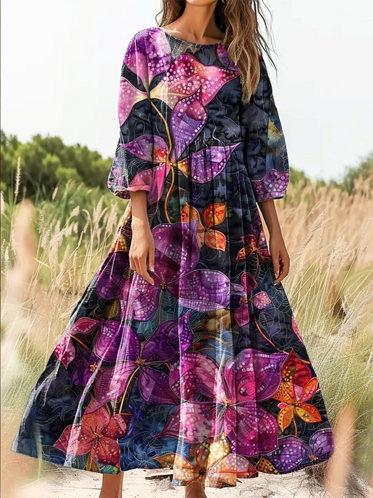 Retro Boho kwiatowy wzór botaniki Vintage chic okrągły dekolt bawełniana sukienka midi z długim rękawem