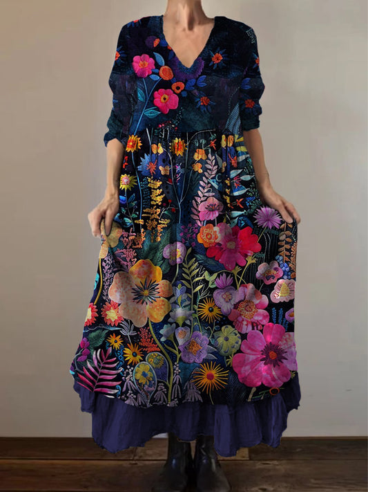 Retro Boho kwiatowy nadruk Vintage dekolt w szpic z podwójnym półrzędem bawełniana sukienka midi z długim rękawem