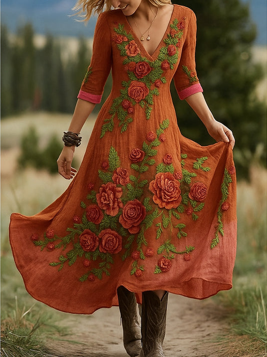 Retro kwiatowy nadruk w stylu vintage z dekoltem w szpic bawełniana sukienka maxi z długimi rękawami