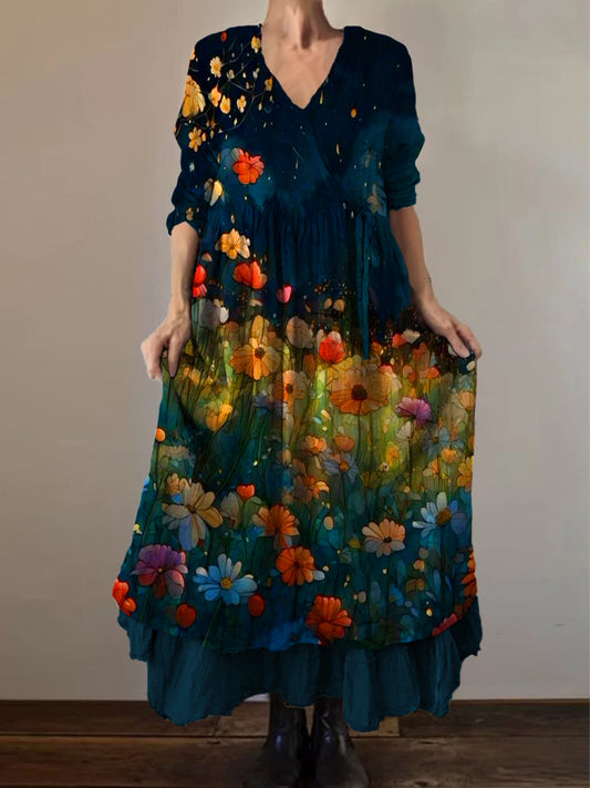 Retro Boho kwiatowy nadruk Vintage dekolt w szpic z podwójnym półrzędem bawełniana sukienka midi z długim rękawem