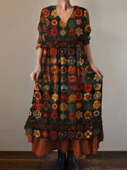 Retro Boho kwiatowy nadruk Vintage dekolt w szpic z podwójnym półrzędem bawełniana sukienka midi z długim rękawem