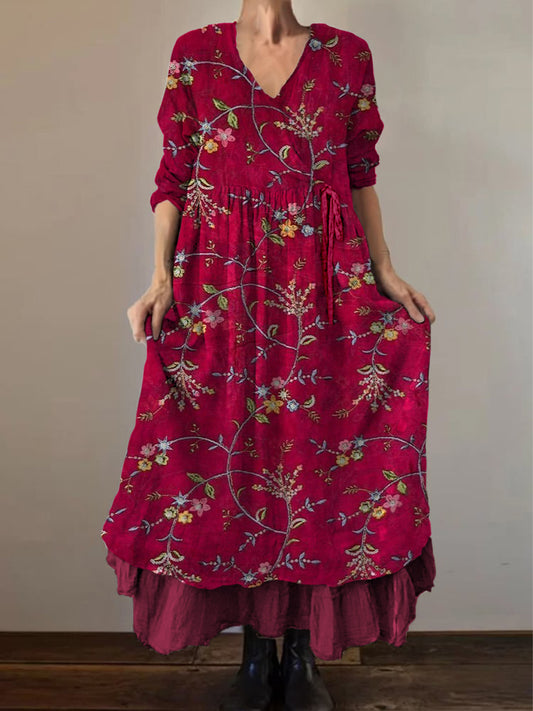 Retro Boho kwiatowy nadruk Vintage dekolt w szpic z podwójnym półrzędem bawełniana sukienka midi z długim rękawem