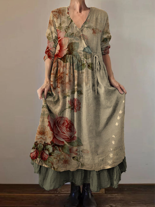 Retro Boho kwiatowy nadruk Vintage dekolt w szpic z podwójnym półrzędem bawełniana sukienka midi z długim rękawem