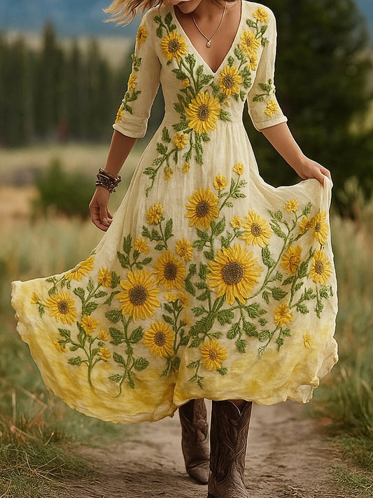 Retro kwiatowy nadruk w stylu vintage z dekoltem w szpic bawełniana sukienka maxi z długimi rękawami