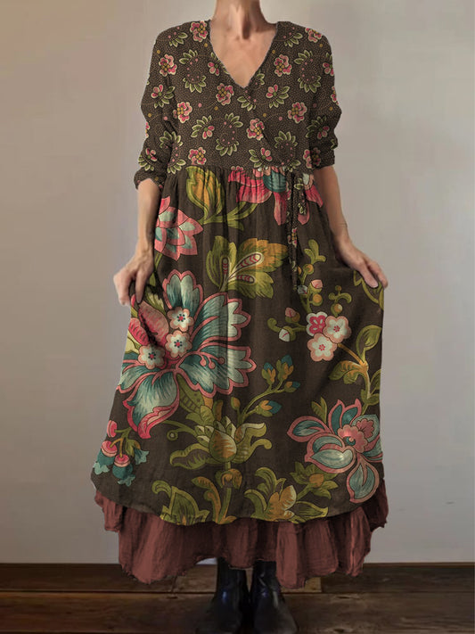 Retro Boho kwiatowy nadruk Vintage dekolt w szpic z podwójnym półrzędem bawełniana sukienka midi z długim rękawem