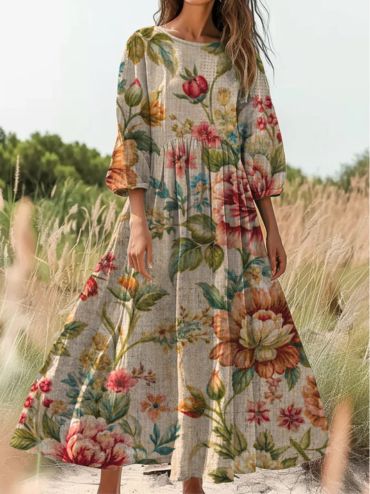 Retro Boho kwiatowy nadruk w stylu vintage szyk z dekoltem w szpic z długim rękawem sukienka midi