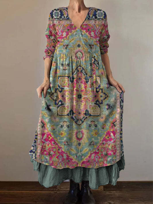 Retro Boho kwiatowy nadruk Vintage dekolt w szpic z podwójnym półrzędem bawełniana sukienka midi z długim rękawem