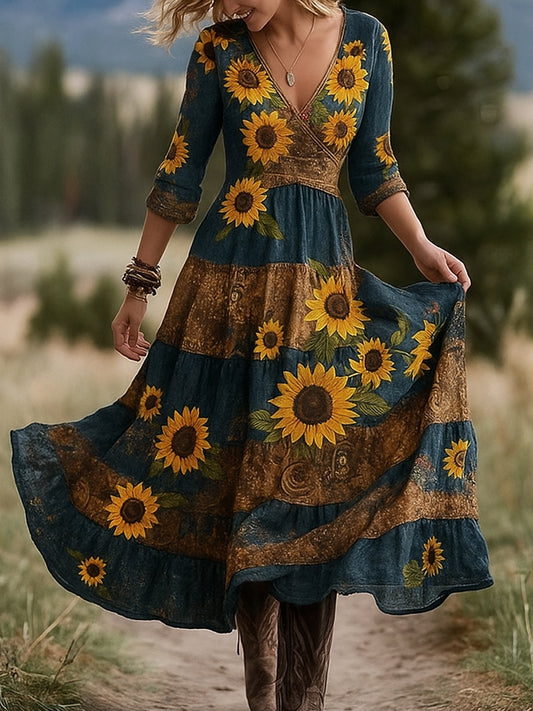 Retro kwiatowy nadruk w stylu vintage z dekoltem w szpic bawełniana sukienka maxi z długimi rękawami