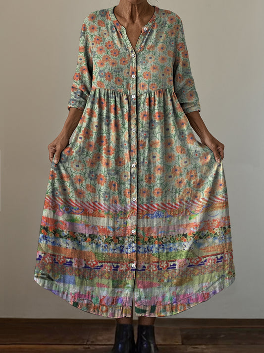 Retro Boho kwiatowy nadruk w stylu vintage szyk z dekoltem w szpic z długim rękawem sukienka midi