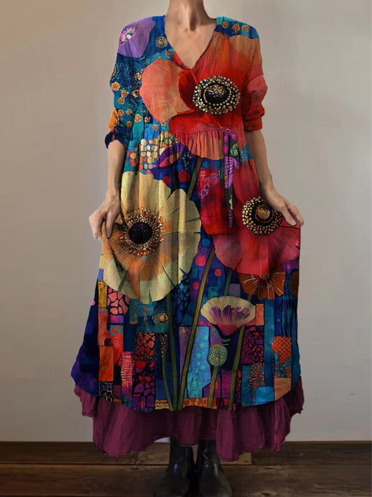 Retro Boho kwiatowy nadruk Vintage dekolt w szpic z podwójnym półrzędem bawełniana sukienka midi z długim rękawem