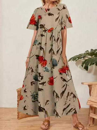 Damska sukienka z krótkim rękawem w stylu retro w kwiatowy wzór z okrągłym dekoltem i długim rękawem