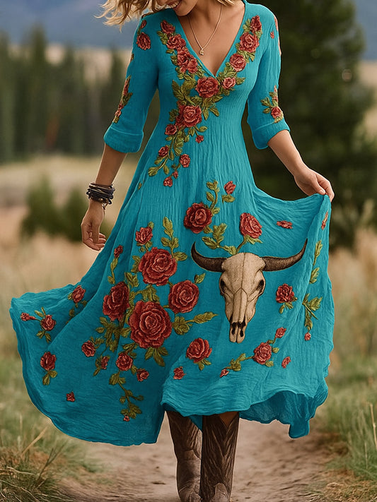 Retro kwiatowy nadruk w stylu vintage z dekoltem w szpic bawełniana sukienka maxi z długimi rękawami