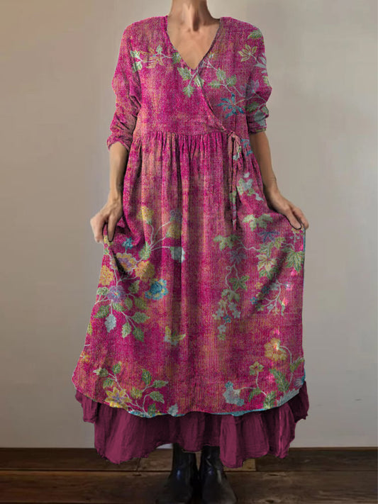 Retro Boho kwiatowy nadruk Vintage dekolt w szpic z podwójnym półrzędem bawełniana sukienka midi z długim rękawem