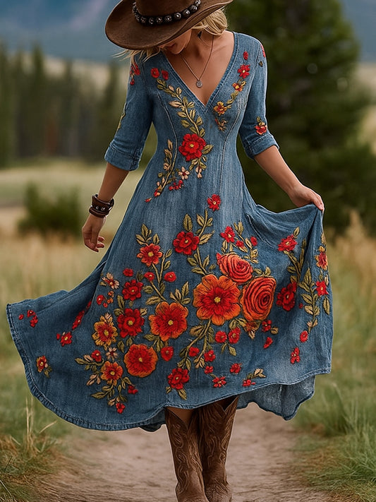 Retro kwiatowy nadruk w stylu vintage z dekoltem w szpic bawełniana sukienka maxi z długimi rękawami