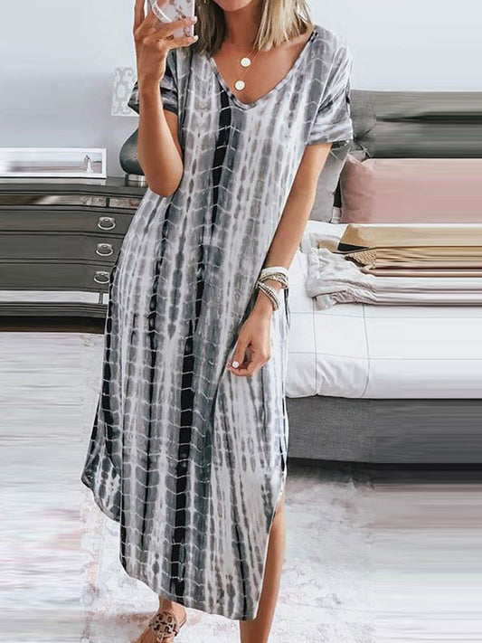 Damska luźna sukienka maxi z dekoltem V w stylu vintage