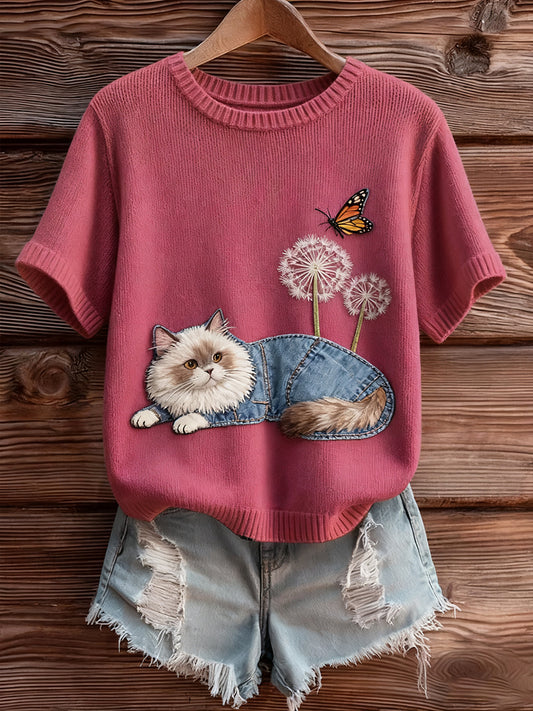 Damski Vintage Art Animal Print Przytulny Sweter z krótkim rękawem