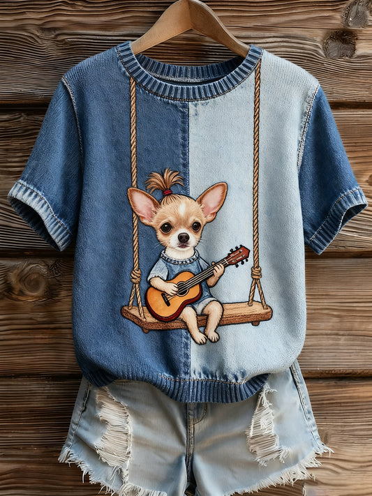 Damski artystyczny nadruk zwierzęcy wygodny top z dzianiny z krótkim rękawem