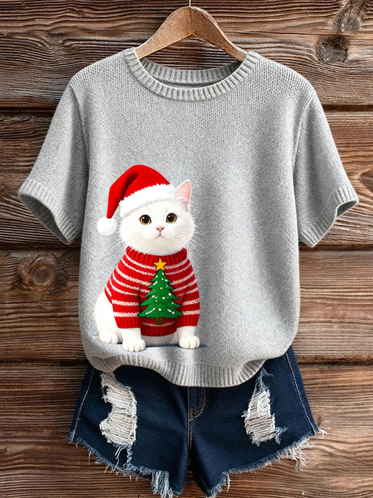 Damski Vintage Art Animal Print Przytulny Sweter z krótkim rękawem