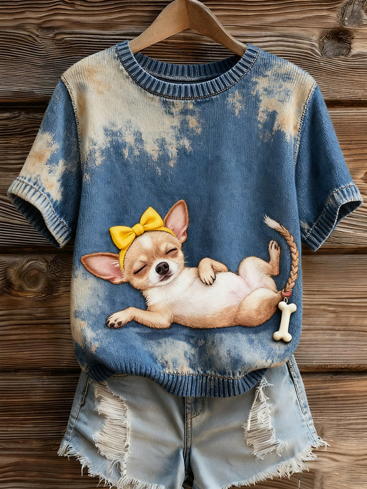 Damski artystyczny nadruk zwierzęcy wygodny top z dzianiny z krótkim rękawem