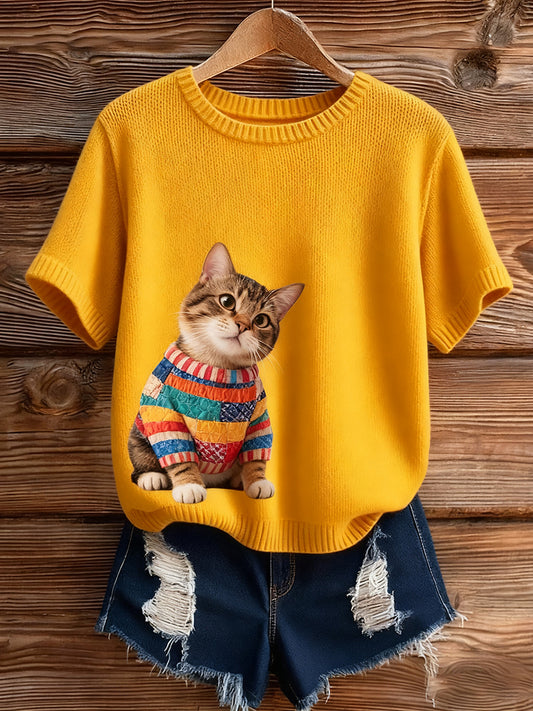 Damski Vintage Art Animal Print Przytulny Sweter z krótkim rękawem