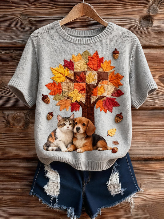 Damski Vintage Art Animal Print Przytulny Sweter z krótkim rękawem