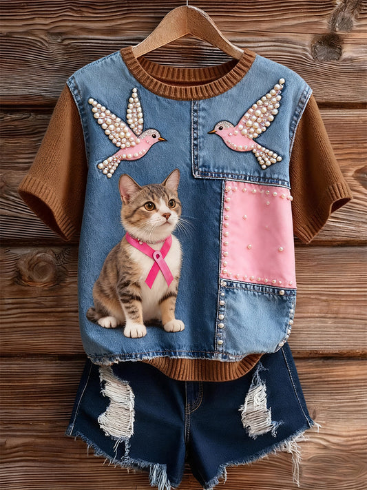 Damski artystyczny nadruk zwierzęcy wygodny top z dzianiny z krótkim rękawem