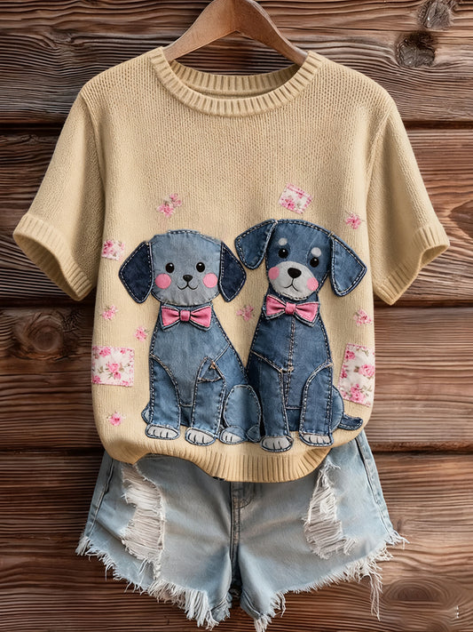 Damski Vintage Art Animal Print Przytulny Sweter z krótkim rękawem