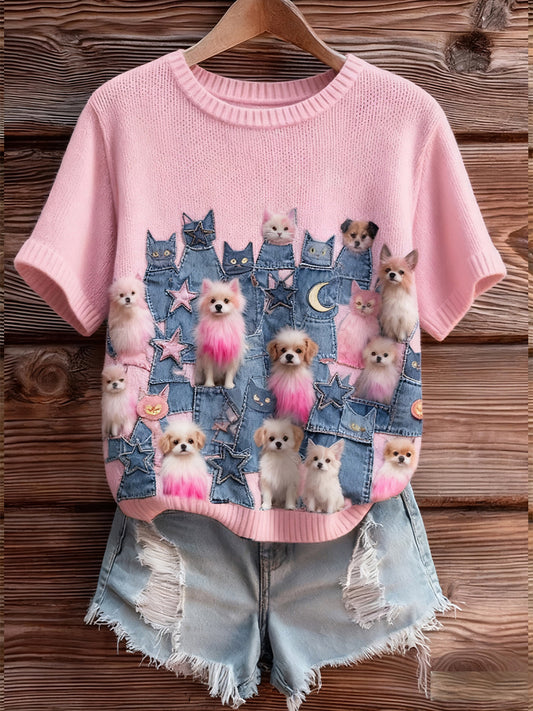 Damski artystyczny nadruk zwierzęcy wygodny top z dzianiny z krótkim rękawem