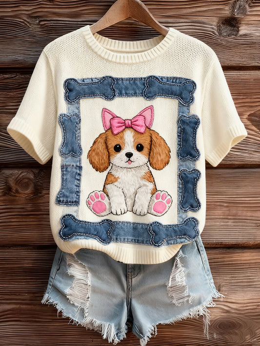 Damski Vintage Art Animal Print Przytulny Sweter z krótkim rękawem