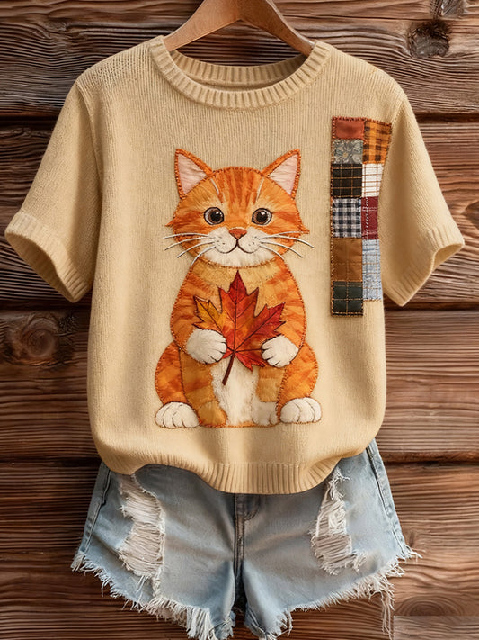 Damski artystyczny nadruk zwierzęcy wygodny top z dzianiny z krótkim rękawem