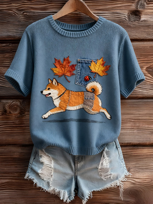 Damski Vintage Art Animal Print Przytulny Sweter z krótkim rękawem