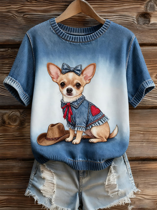 Damski artystyczny nadruk zwierzęcy wygodny top z dzianiny z krótkim rękawem