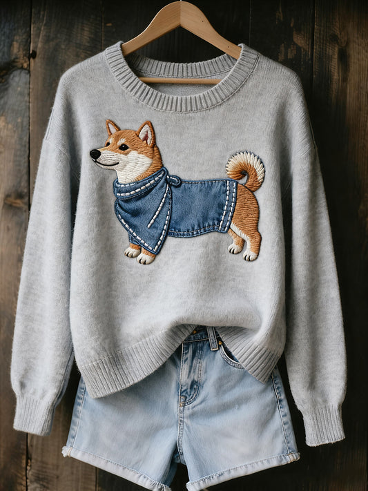 Damski Vintage Art Animal Print Przytulny sweter z dzianiny