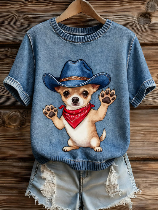 Damski artystyczny nadruk zwierzęcy wygodny top z dzianiny z krótkim rękawem