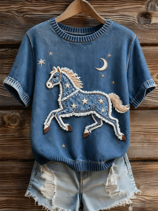 Damski artystyczny nadruk zwierzęcy wygodny top z dzianiny z krótkim rękawem