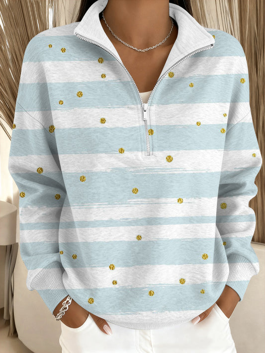 Bluza ze stand-kołnierzykiem damska Fresh Blue - White Stripe & Gold Dot