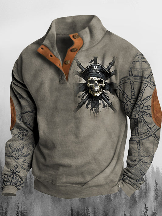 Męskie Retro Pirate Skeleton Żeglarstwo Przygoda Nadruk Stojący Kołnierz Guzik Flush Outdoor Bluza