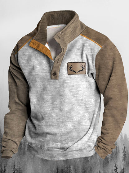 Męski zachodni znak poroża nadruk stojący kołnierz guzik flush Outdoor Bluza