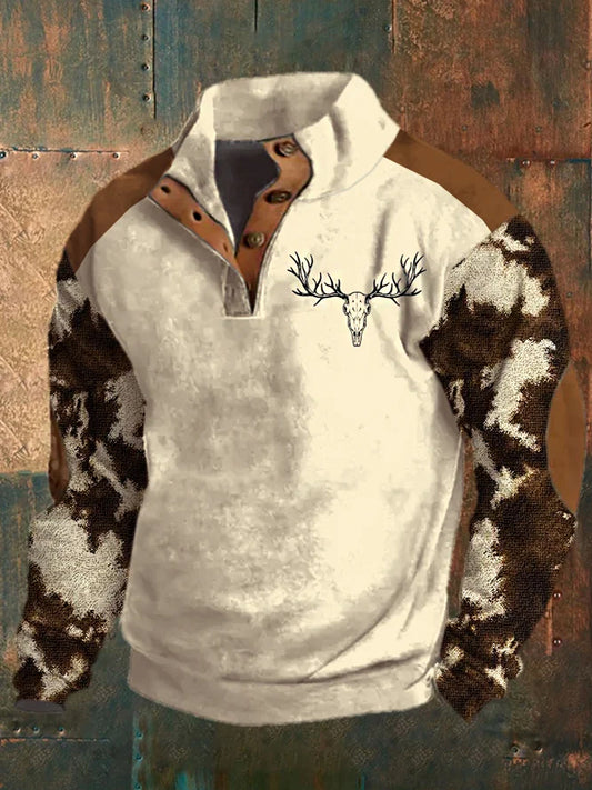 Męska klasyczna zachodnia bluza z nadrukiem jelenia z kołnierzem na zamek błyskawiczny