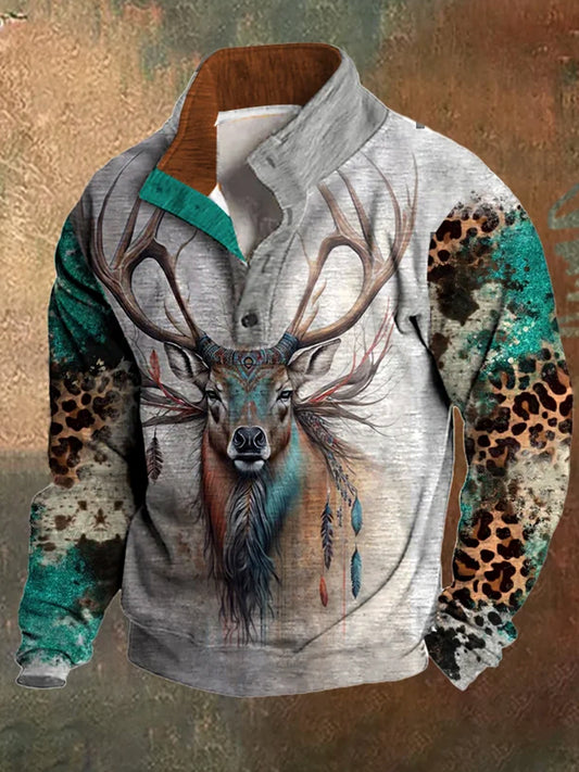 Męska bluza z kołnierzem Western Deer Leopard Print Stand Zipper Flush Outdoor