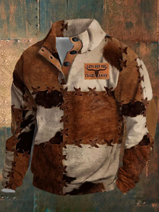 Męska zachodnia zamszowa przeszycie z nadrukiem Stand Collear Zipper Flush Outdoor Bluza