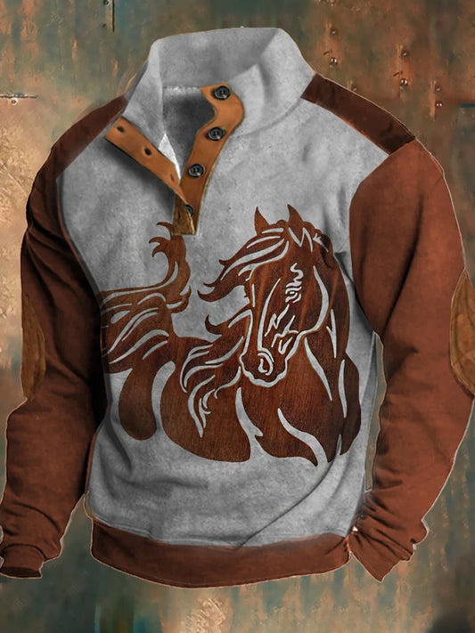 Męska bluza z nadrukiem Western Horse Wood Stand Collear Zipper Flush Outdoor