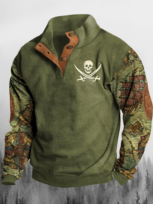 Męskie Retro Skeleton Żeglarstwo Przygoda Nadruk Stojący Kołnierz Przycisk Flush Outdoor Bluza